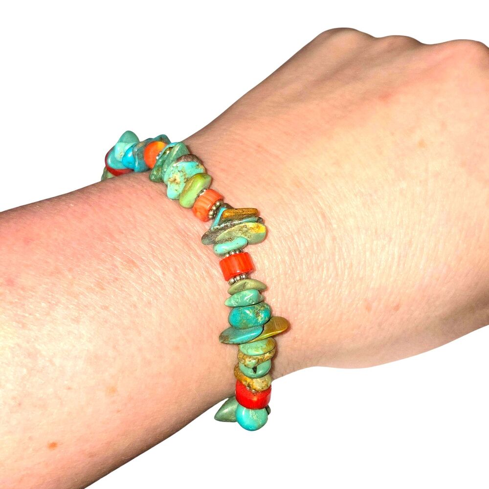 Sterling Silver 925 Turquoise Chip & Red Coral‎ Beaded 8" Bracelet Southwestern